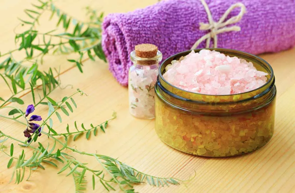 bowl of epsom salt with a towel bowl of epsom salt with a towel