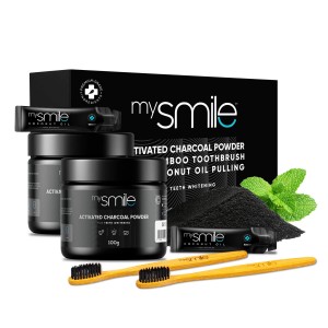 mysmile Aktivkohlepulver mit Bambuszahnbürste und Kokosnussöl