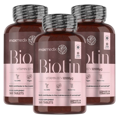 Maxmedix Biotin Tabletten - Vitamin B7 für dünner werdendes Haar - 12.000mcg Stärke pro Portion - 1095 Tabletten - 3er Pack