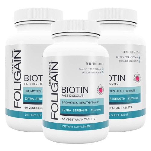 Foligain Biotin Tabletten  Für gesunde Haare, Haut & Nägel  10000mcg Biotin  60 Tabletten  3er Pack